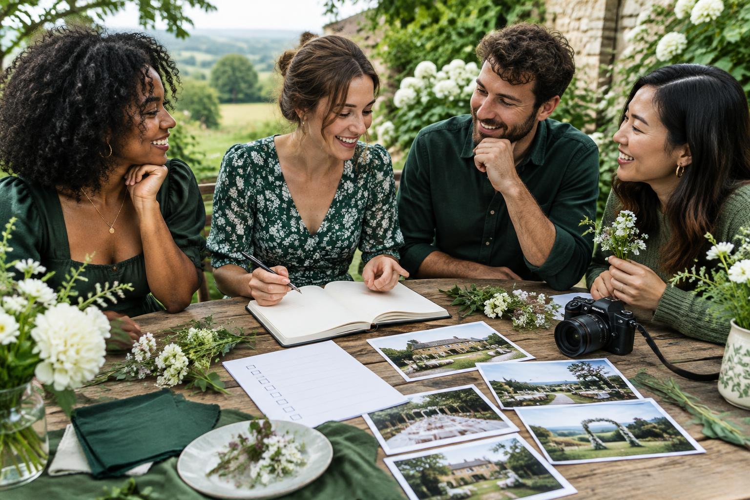 Friends planning a countryside celebration together
